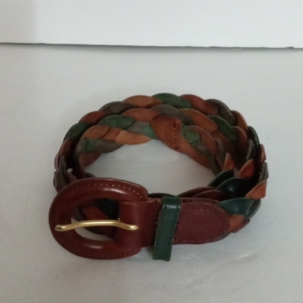 Women's Braided Leather Belt  sz L Tan Dark Green Brown Preowned